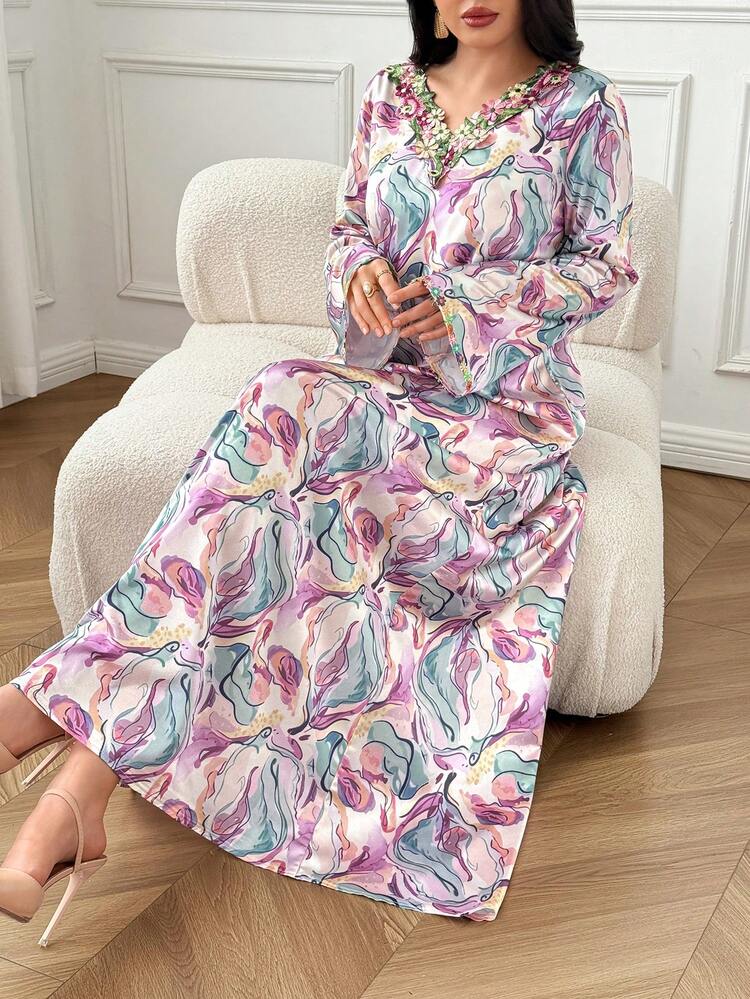 Yasmyna Women's Turkish Long Shirt Arabic Traditional Long Shirt Holiday Going Out Floral White Summer Modest Normal - Pink - View 5