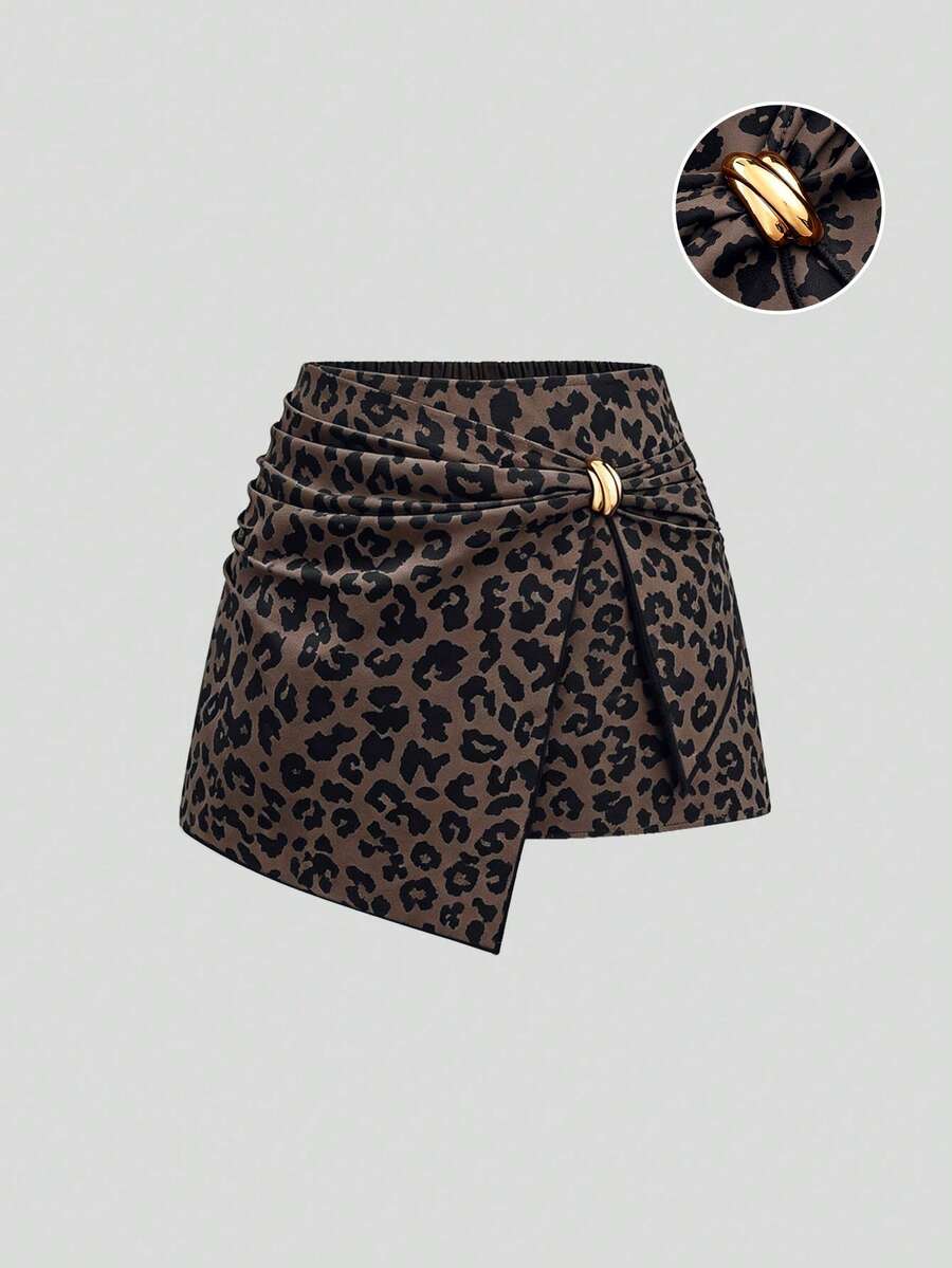 Sweetra Plus Size Design-Driven Fashion Versatile High-Waisted Slimming Knot Asymmetric Skort - Brown - View 1