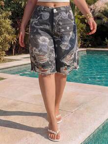ROMWE Fairycore Vintage Floral Print Washed Plus Size Women's Loose Wide Leg Denim Capri Pants - Black - View 10