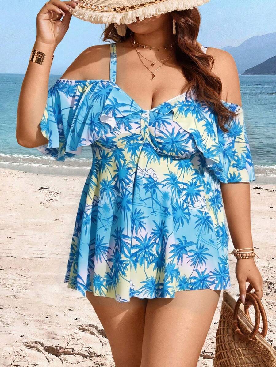 Swim Lushoire Plus Size Random Print Shoulder Strap Adjustable Strap Two Pieces Separated Conservative Fashion Tank Bikini - Baby Blue - View 1