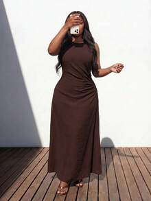 Truni Plus Size Backless Sleeveless Ruffled Flared Waist Mini Dress – Stylish Casual Elegant Summer Party Vacation Outfit Brown - Brown - View 7