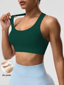 Seamluxe SHEIN Sport Women's Solid Color Sleeveless Short Cropped Yoga Racerback Tank Top Workout Tops Built-In Bra - Army Green - View 3