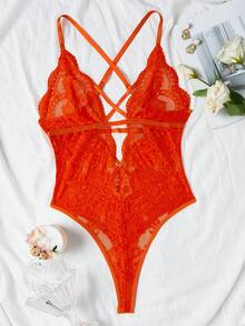 SHEIN 花卉蕾丝交叉连体衣内衣 - 橘色 - 查看 10