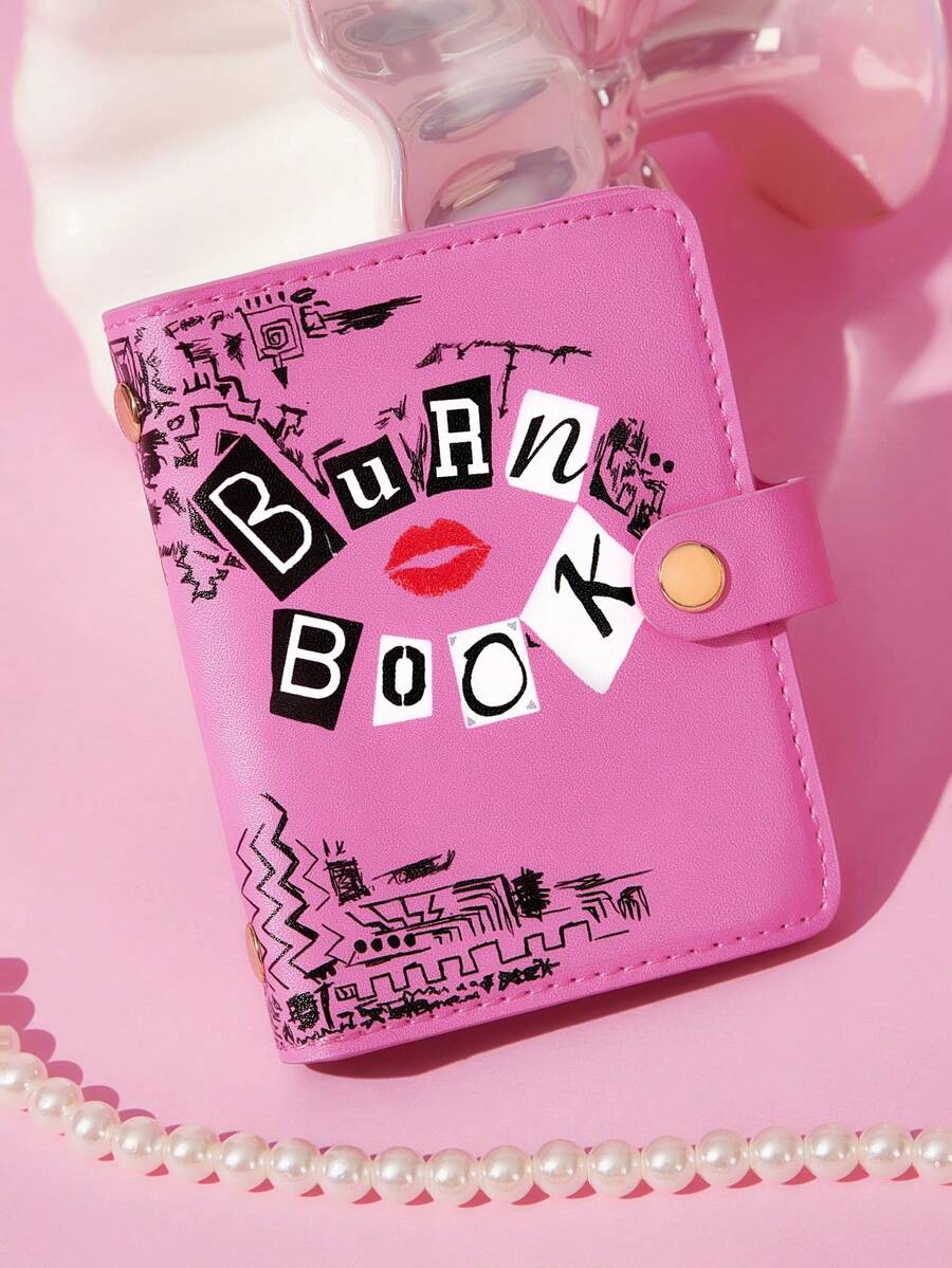 Mean Girls | SHEIN 1 Cartoon Pattern Printed Pu Large-Capacity Leather Card Bag With 18 Card Slots, Which Can Store Cards, Stickers, Hand Account Accessories, Etc., Suitable For Women And Students, Burning Books - Pink - View 1