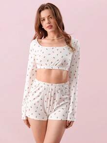 Bonmuse 2pcs Women All Season Printed Long Sleeve Top And Shorts Pajama Set - White - View 7