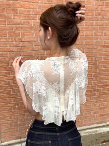DAZY Elegante Damen-Sommerbluse mit Spitzen-Rüschenbesatz, Schulstil - Aprikosenfarben - Übersicht 2