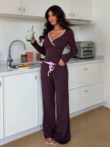 ZzzCrew Ensemble de détente pour femmes avec col en V de couleur contrastée, manches longues ajustées et pantalon long - Multicolore - Voir 3