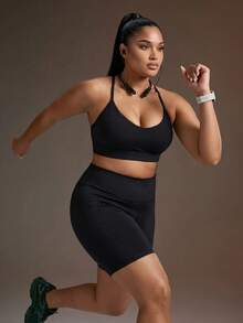 Powerista Women's Plus Size Solid Color High Waist Slim Fit Sports Shorts - Black - View 4