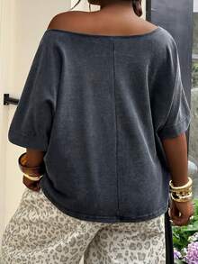 Muchica Plus Size T-Shirts For Women,Grey Summer Smart Casual Everyday Tee, Breathable Lightweight,Chic Y2k Style For Daily Commute,Date,Party,Vacation - Dark Grey - View 2