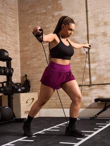Powerista Women's Plus Size Solid Color High Waist Zipper Pocket Sports Shorts For Summer - Purple - View 6