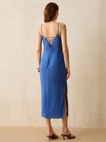CielaLinda Women's Linen Spaghetti Strap Back Tie Long Midi Dress Vacation Blue Summer Elegant - Blue - View 2