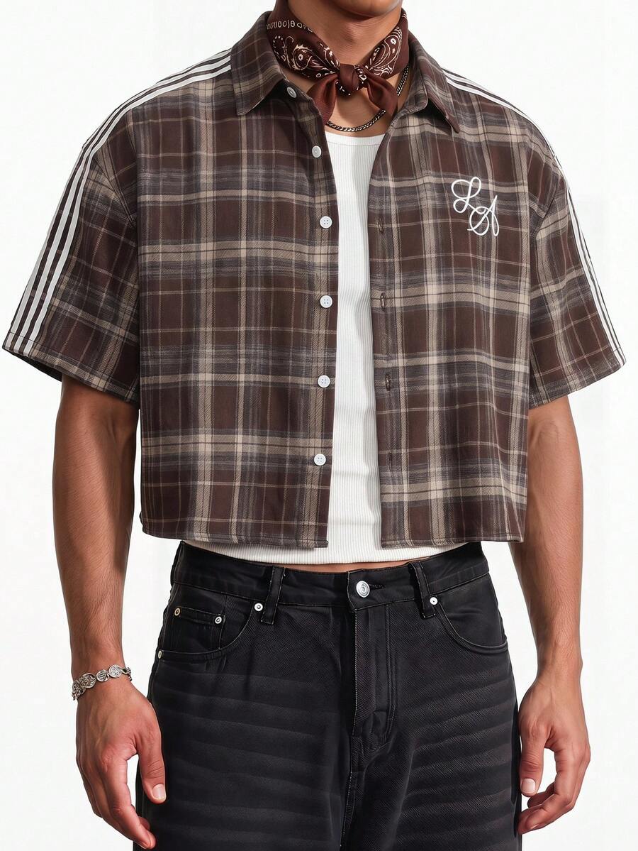 SWAVVY 男士 Polo 領單排釦棕色格紋印花圖案時尚襯衫 - 棕色 - 查看 1