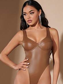 SHEIN BAE Solid PU Leather Bodysuit - Coffee Brown - View 3