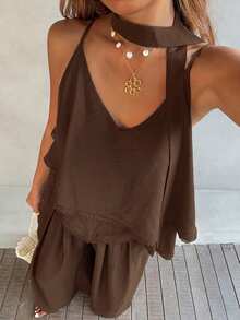 Livesso Summer Vacation Outfit Black Camisole Ruffle Top Loose Long Pants Solid Color Women's Two Pieces Set - Brown - View 6