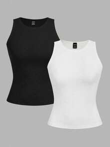 Comfortcana Bộ 2 áo tank top cotton cổ tròn dáng ôm vừa vặn dành cho nữ, cỡ lớn, thích hợp mặc đi học vào mùa hè. - Đen và trắng - Xem 7