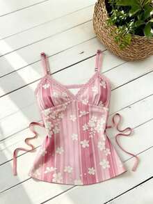 SHEIN Women's Summer Casual Striped Floral Print Camisole Top - Multicolor - View 3