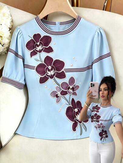 Elenzga Women's Fashion Round Neck Floral Plant Print Placed Pearl Flower Romantic Pattern Print Short Sleeve Waist-Cinched Slim Fit Blouse Pullover, Summer Top, Daily Outing Casual Commute Elegant Top, Suitable For Holiday Celebrations, Beach Vacation, Music Festival, Bohemian Style Vacation, Back To School Season, Wedding, Teacher's Day, Mother's Day, All Seasons, Women's Beach Club Outfit, Havana Night Out, Beach Dinner And Other Vacation Occasions Fashion Item
