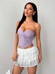 SHEIN PETITE 女款鵝黃色針織紋理抹胸上衣，前中打結開衩波浪邊修身款，適合下午茶、街頭、度假、秋冬穿著，可內搭或外穿，派對適用，適合嬌小女性 - 淡紫色 - 查看 4