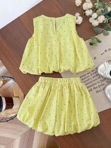 SHEIN Genkimix Kids 2件組少女3D蝴蝶結裝飾休閒時尚無袖上衣 + 休閒時尚純色鬱金香短褲 - 黃色 - 查看 2