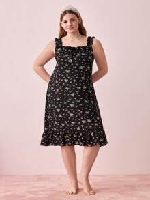 Bonmuse Plus Size Women's Casual Loose Bowknot Floral Print Ruffle Hem Camisole Nightgown - Black - View 4