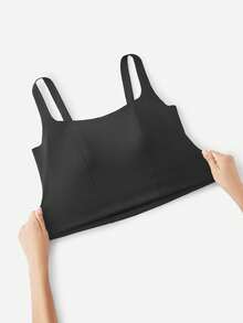 LUVLETTE Bra Tanpa Kawat Tanpa Jahitan 2-in-1 Model Leher Persegi Terintegrasi, Cami Tanpa Punggung, Bra Santai Panjang, Atasan Tank Top Hitam Dasar - Hitam - View 6