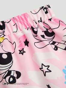 Sweetra THE POWERPUFF GIRLS X SHEIN 女款夏季卡通塗鴉印花荷葉邊短褲，辣妹風，適合居家與街穿 - 彩色 - 查看 7