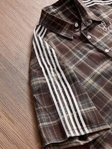 SWAVVY Áo sơ mi nam cổ polo cài đơn họa tiết kẻ caro nâu in đồ họa thời trang - màu nâu - Xem 3