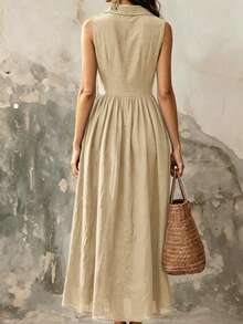 EMERY ROSE Graduation Dress Women's Fashion Solid Color Dress With Elegant Design & Front Button Detail, Suitable For Beach, Dating, Outings And Daily Commute - Khaki - View 2