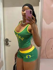 StreetHx 巴西黃綠國旗配色 BRASIL 字母印花 U領修身短版上衣 + 超短褲 2件組 - 彩色 - 查看 3
