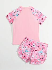 SHEIN 青少年女孩坦基尼比基尼套裝，紫色短袖上衣與短褲2件式泳衣，時尚休閒優雅淑女泳裝，適用於游泳、夏季度假、海灘、海邊、泳池、夏季假期派對 - 粉色 - 查看 2