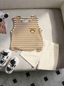 SHEIN 2件套男婴/男女通用婴幼儿0-3岁韩版休闲撞色条纹小熊图案印花圆领背心和配套短裤套装，适合户外、运动、上学、春夏穿着。 - 彩色 - 查看 5