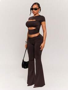 Radiana Women's 2-Piece Set All Shades Of Brown,Summmer,Seksi Chic,Night Out Club Hollow Round Neck Short Sleeve T-Shirt And Low Waist Fitted Flare Pants - Brown - View 5
