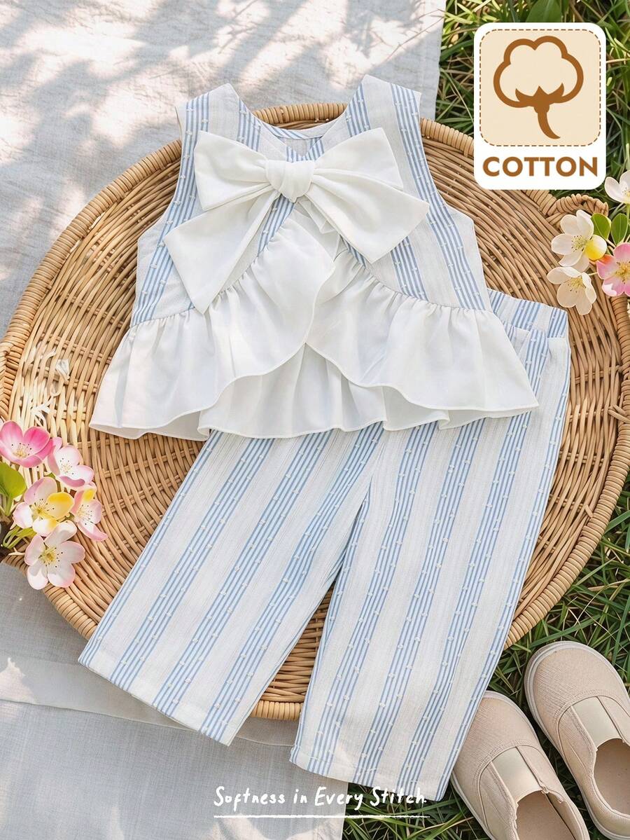 Cozy Pixies Baby Girl Blue & White Striped Ruffle Trim Bow Decor Casual Shirt And Loose Woven Wide Leg Pants Set - Multicolor - View 1