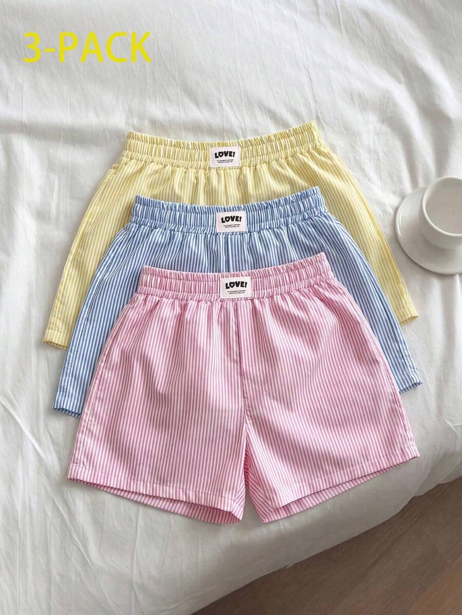 SHEIN Sparklyn 3条装 少女休闲度假街头条纹直筒短裤 - 彩色 - 查看 1
