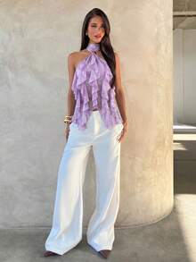 Aloruh Women's Elegant Multi-Layer Ruffle Decor Stand Collar Fitted Tank Top - Mauve Purple - View 5