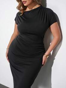 Maija Plus Size Women Solid Color Asymmetrical Shoulder Short Sleeve Fitted Elegant Dress Gym Brown Summer - Black - View 2