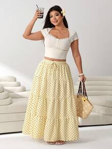 Solflare Plus Size Polka Dot Print Drawstring Design Multi-Layered Skirt Fall - Yellow - View 4