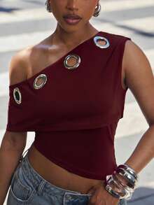 Denimoi Summer Scandalous Solid Color Asymmetric Neck Metal Eyelet Design Asymmetrical Hem Women's Top Rave Red Wine - Burgundy - View 6