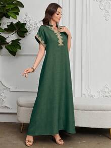 Al Najma Embroidered Collar Flower Shoulder Sleeve Small Stand Collar Elegant Dress - Dark Green - View 5