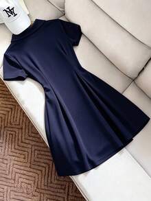 GlowEve CURVE Plus Size Women's Casual Slim Fit Burgundy Button Front Polo Collar A-Line Short Sleeve Dress - Blue - View 2