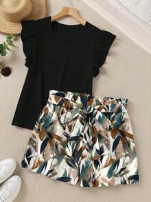 SHEIN LUNE Black Beige Abstract Print Shorts Flutter Sleeve Top Plus Size 2 Pieces Set Vacation Summer - Multicolor - View 1
