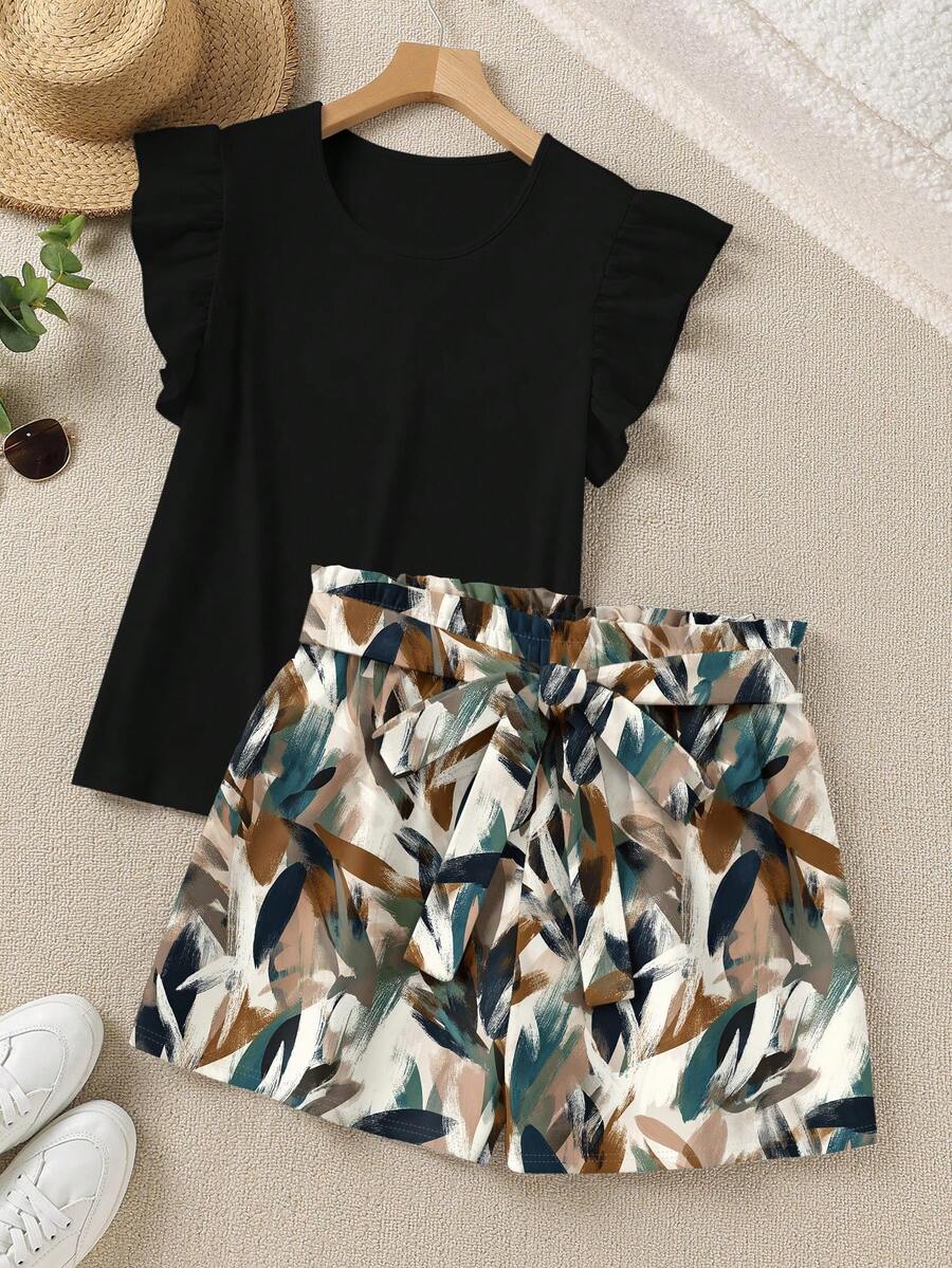 SHEIN LUNE Black Beige Abstract Print Shorts Flutter Sleeve Top Plus Size 2 Pieces Set Vacation Summer - Multicolor - View 1