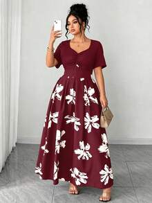 Elenzga Große Größen Lässig Urlaub Pendeln Patchwork Blumenmuster gerafftes Bustier Kleid - Bordeaux - Übersicht 1