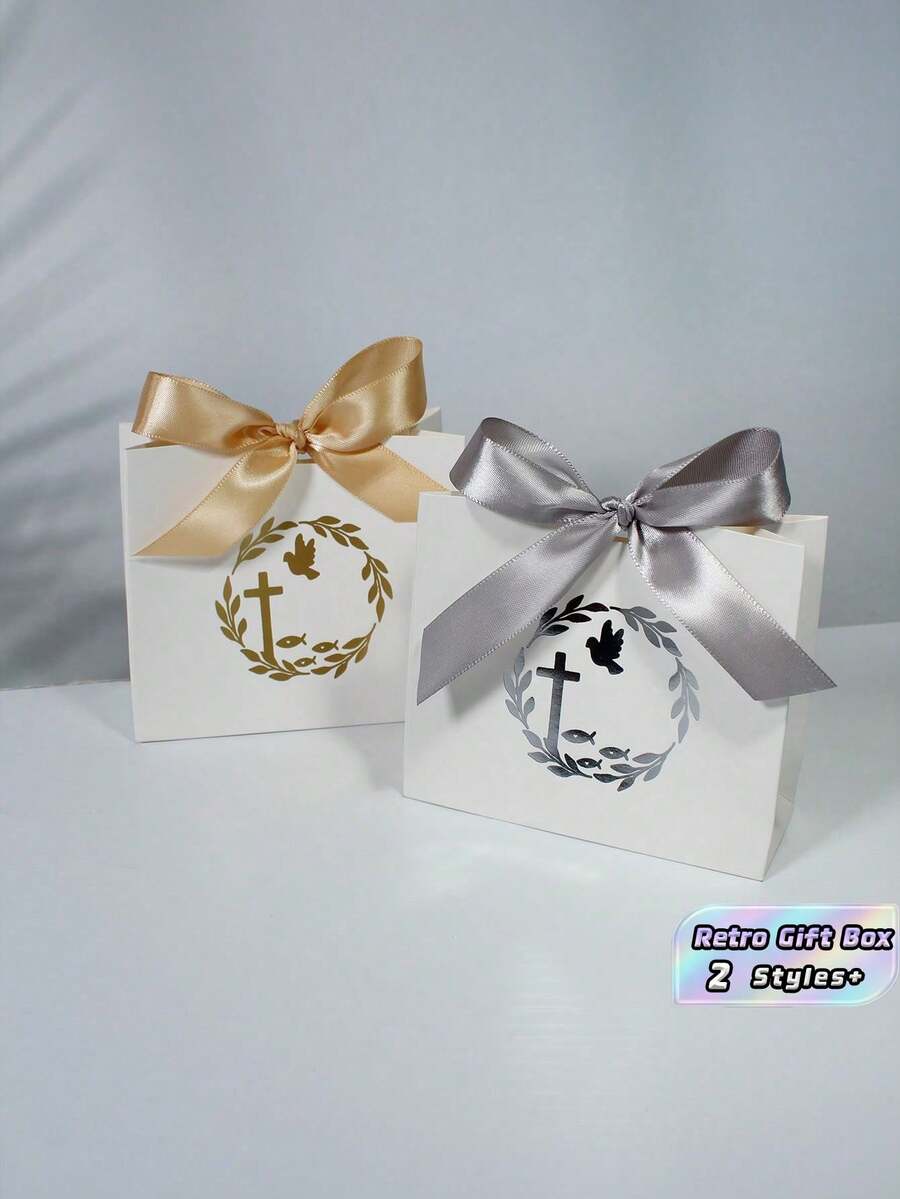 10 PEÇAS Caixa de Presente Retrô Cruz Pomba Coroa de Louros Laço Dourado e Preto Serviço de Igreja Reunião Religiosa Confirmação Primeira Comunhão Caixa de Presente Elegante - 11.5X4.5X10cm - Visão 1