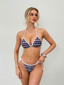 SHEIN 女款夏季時尚極簡復古格紋三角杯兩件式比基尼套裝，優雅海灘度假性感泳衣 - 藏蓝色 - 查看 3