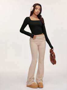 SHEIN BASICS 3 buc. tricou scurt pentru femei, din tricot, cu mânecă lungă, croială slim fit, guler pătrat, culoare uni - Multicolor - Vizualizare 5