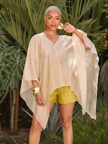 Vixey Top cape en mousseline texturée transparente, tenue de villégiature, vacances, tropical, de la plage au dîner, chic de villégiature, prêt pour les vacances, beige, automne, décontracté - Kaki - Voir 5