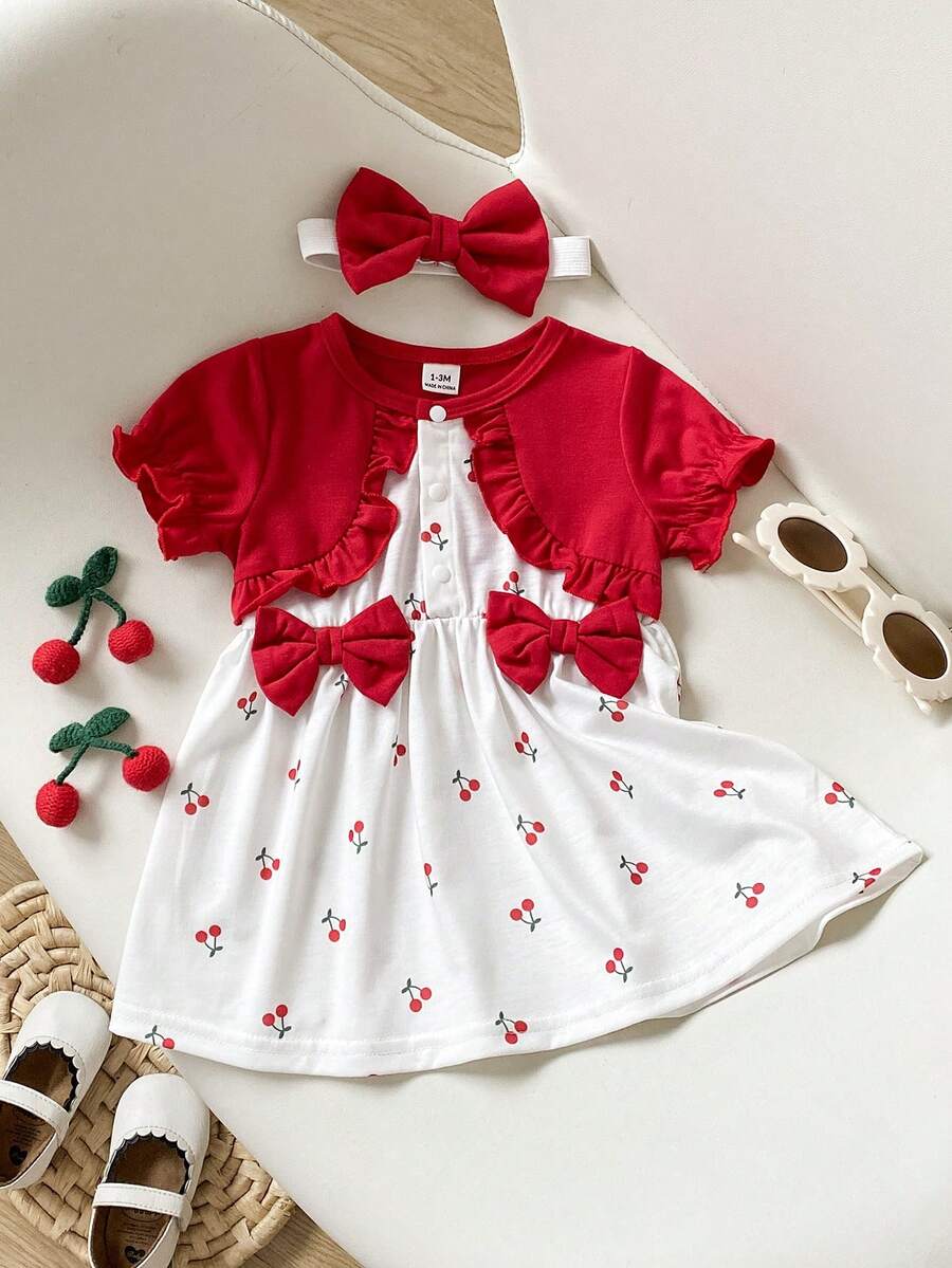 SHEIN Vintaside Kids 新生兒夏季圓領短袖時尚優雅洋裝附髮帶,適合露營、野餐、假日聚會及假期休閒購物 - 紅色 - 查看 1