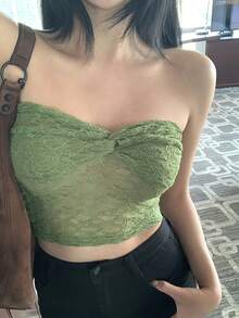 DAZY 女款夏季性感純色蕾絲扭結前短版抹胸上衣 - 綠色 - 查看 1