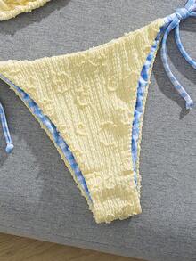 Swim Mod Conjunto de bikini de tela texturizada con estampado de cuadros, sexy y dulce, para vacaciones de playa en primavera/verano - Amarillo - Ver 9